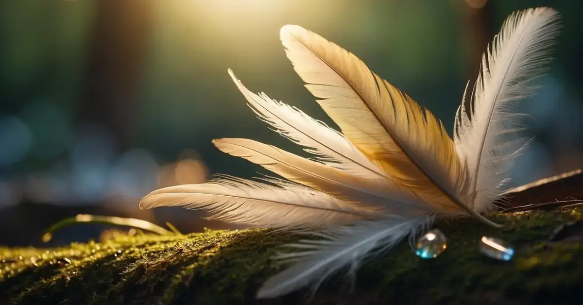 Spiritual Meaning of Feathers: Feathers floating in a beam of light, surrounded by symbols of nature and spirituality