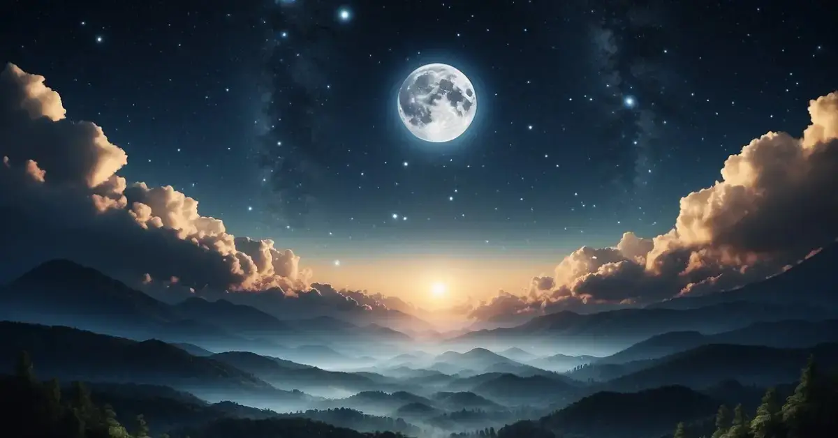 Spiritual Meaning Of Dreams: A serene night sky with stars and a glowing moon, surrounded by ethereal clouds and a sense of peace and wonder