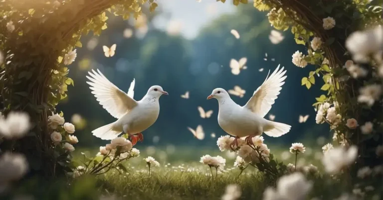 Angel Number 222: The Message of Harmony and Balance 2024 3 Angel Number 222: A peaceful garden with two trees intertwined, surrounded by two white doves flying in the sky, and two butterflies resting on a blooming flower