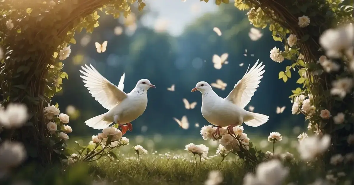 Angel Number 222: The Message of Harmony and Balance 2024 1 Angel Number 222: A peaceful garden with two trees intertwined, surrounded by two white doves flying in the sky, and two butterflies resting on a blooming flower