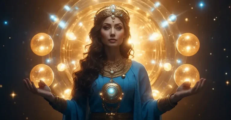 Angel Number 333: Positive Vibrations and Meanings 2024 2 Angel Number 333: A bright, celestial figure surrounded by three glowing orbs, each bearing the number 3. The figure emanates a sense of peace and wisdom