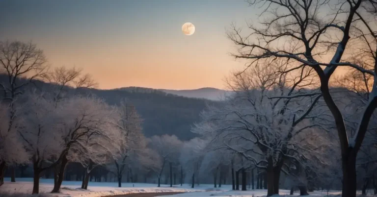 Cold Moon Spiritual Meaning: The Mystical Insights 2024 2 Cold Moon Spiritual Meaning: The Cold Moon rises over a serene winter landscape, casting a soft, ethereal glow on the snow-covered ground and bare trees
