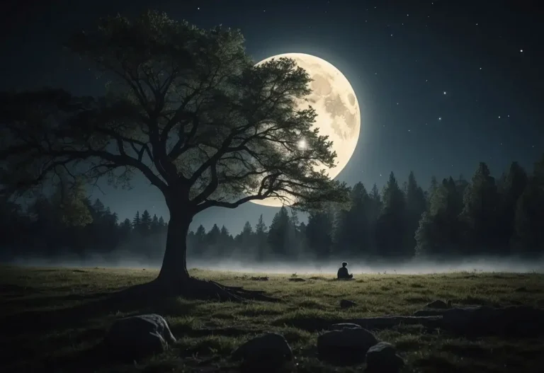 Headache During Full Moon Spiritual Meaning: Unveiling Mystical Connections 2024 1 Headache During Full Moon Spiritual Meaning: A serene forest clearing under a bright full moon, with a lone tree casting a shadow. A figure sits with their head in their hands, surrounded by floating symbols of pain and discomfort