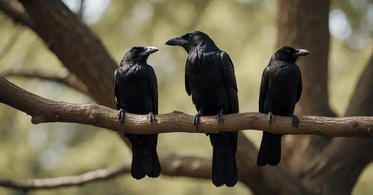 Spiritual Meaning of Crows: A murder of crows perched on ancient tree branches, surrounded by symbols of spirituality and cultural significance