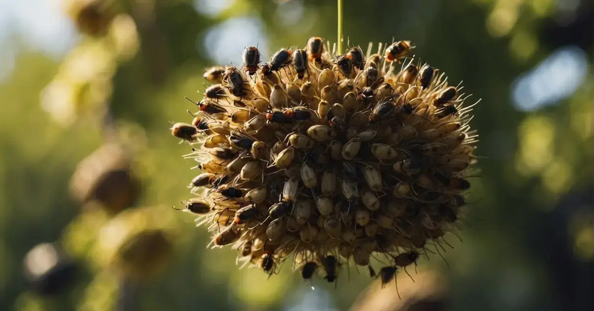 Spiritual Meaning of Flies: A swarm of flies hovers above a decaying fruit, symbolizing decay and the transient nature of life