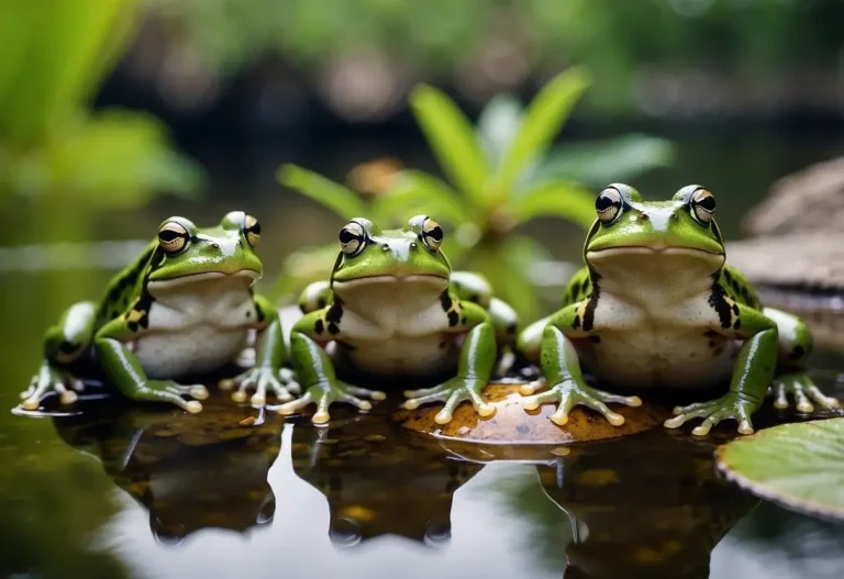 Spiritual Meaning Of Frogs: Their Symbolic Significance 2024 1 Spiritual Meaning Of Frogs: Frogs gathered around a serene pond, symbolizing spiritual transformation and renewal