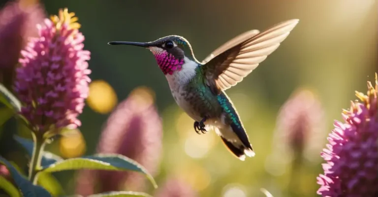 Spiritual Meaning Of Hummingbirds: Symbols Of Joy 2024 3 A hummingbird hovers near a vibrant flower, its iridescent feathers catching the sunlight as it sips nectar, symbolizing joy and resilience