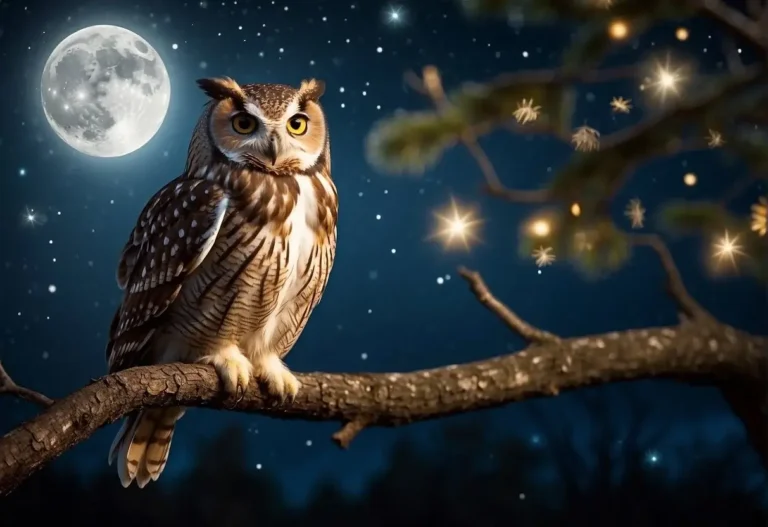 Spiritual Meaning of Owls: Their Mystical Significance 2024 4 Spiritual Meaning of Owls: An owl perched on a tree branch, surrounded by a mystical glow, with stars and a full moon in the background