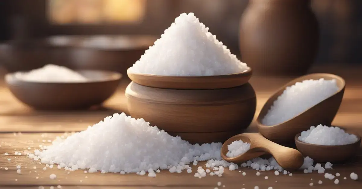 Spiritual Meaning of Salt: A pile of salt sits on a rustic wooden table, bathed in soft, warm light, symbolizing purity and preservation