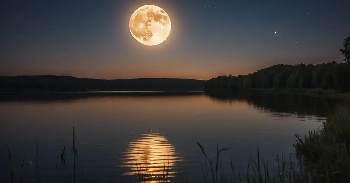Sturgeon Moon Spiritual Meaning: Its Significance 2024 1 Sturgeon Moon Spiritual Meaning: The sturgeon moon rises over a calm lake, its shimmering light casting a spiritual glow on the water and surrounding landscape