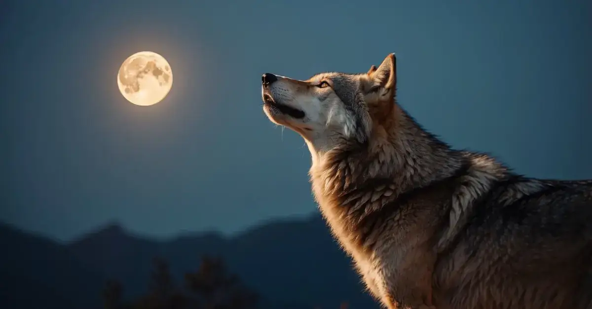 Wolf Moon Spiritual Meaning: The wolf howls under the bright full moon, surrounded by a mystical aura, symbolizing strength, intuition, and the connection to the spiritual world