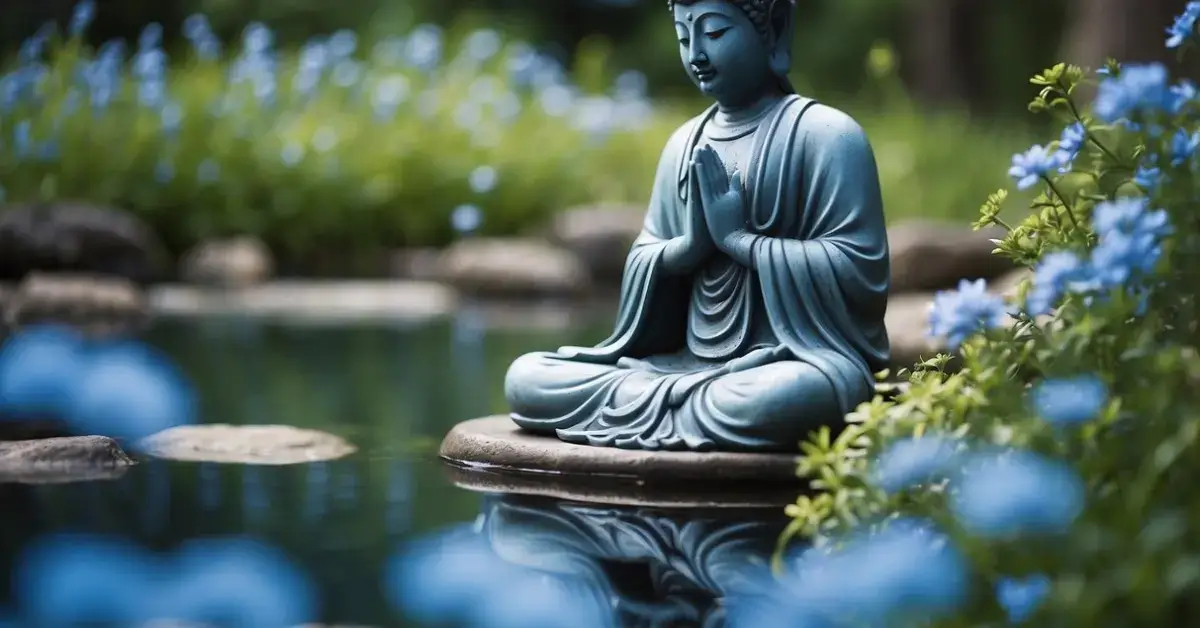 Blue Aura: A serene figure meditates in a tranquil garden surrounded by vibrant blue flowers and gentle flowing water, emanating a soothing and healing energy