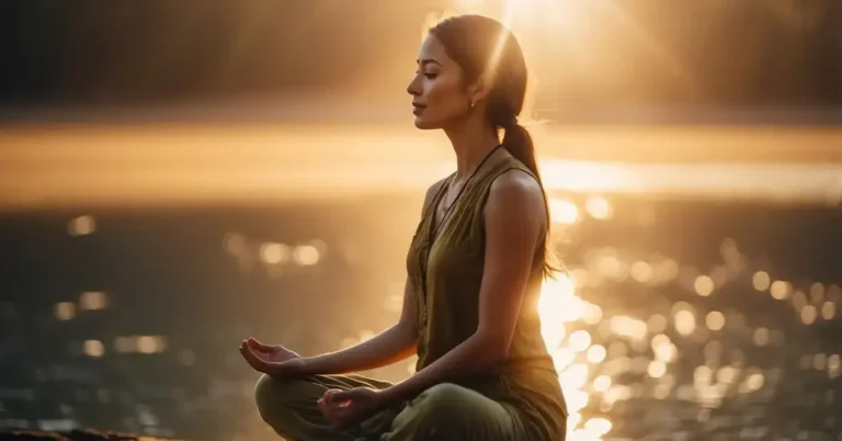 Higher Self Meditation: Connect with Your Inner Wisdom 2024 5 Higher Self Meditation: A figure sits in lotus position, surrounded by a radiant golden light. Their eyes are closed, and a serene expression graces their face as they connect with their higher self through meditation