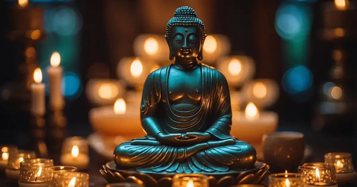 How Do You Spell Buddha: A serene statue of Buddha sits on a lotus throne, surrounded by flickering candles and fragrant incense