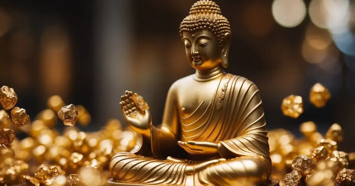 How Many Fragments To Awaken Buddha: Golden fragments scatter around a serene statue of Buddha, awaiting assembly