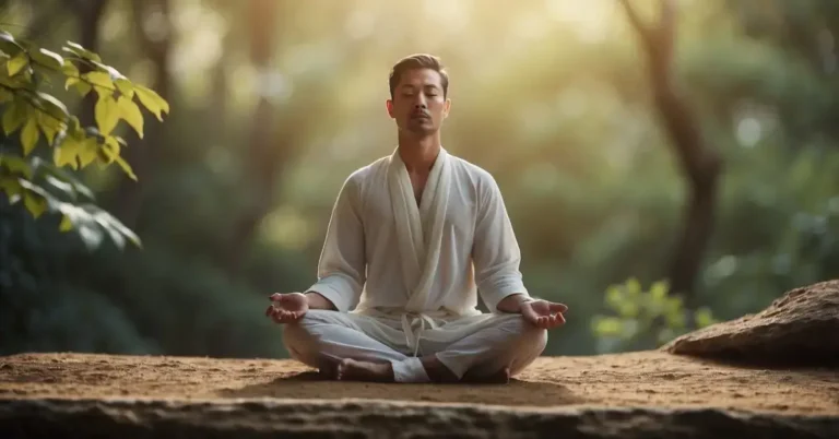 How To Connect With Your Higher Self: Simple Steps 2024 4 How To Connect With Your Higher Self: A figure meditates in a serene natural setting, surrounded by soft light and a feeling of inner peace