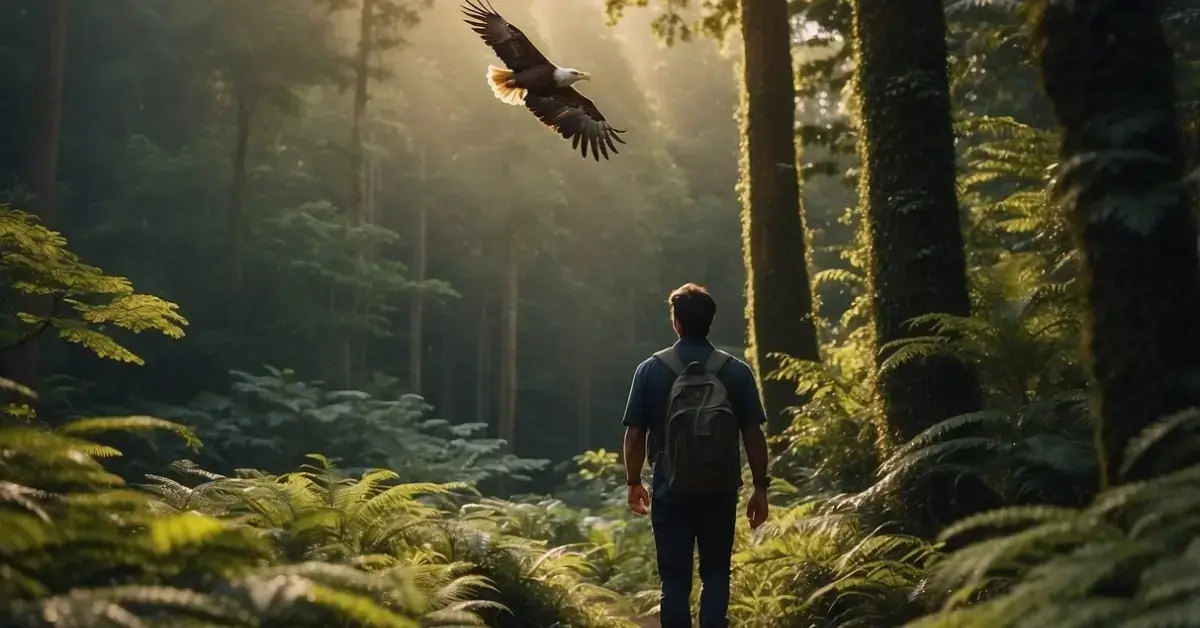 How To Find Your Spirit Animal: A person walks through a dense forest, surrounded by vibrant flora and fauna. They pause to observe a majestic eagle soaring high above, feeling a deep connection to the powerful creature