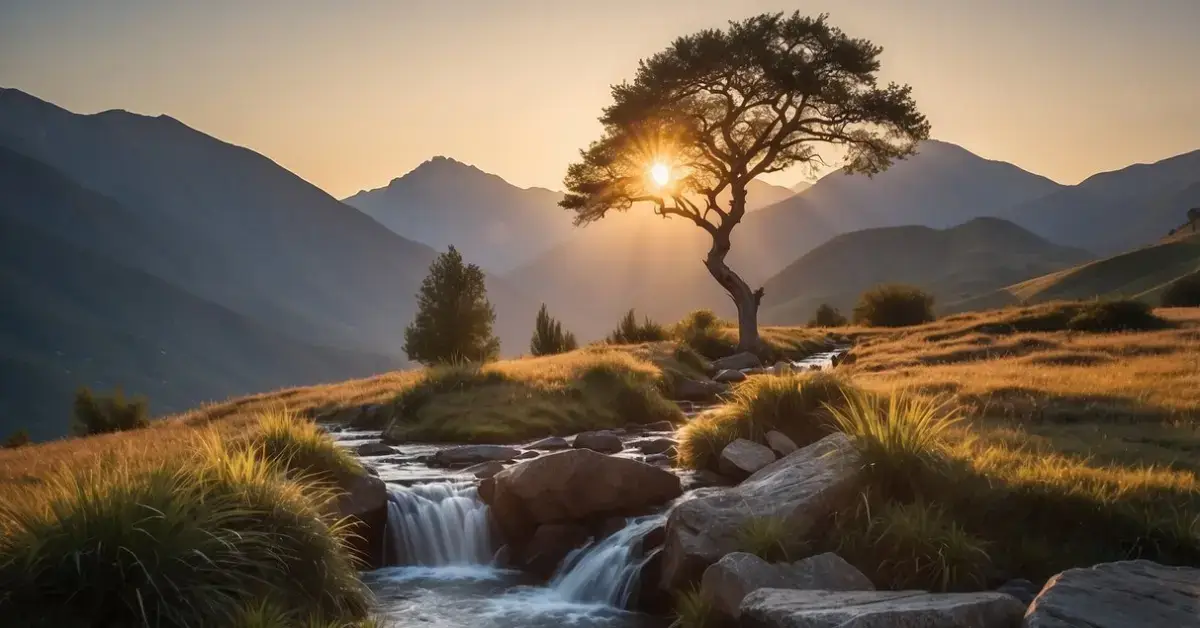 How to Practice Spirituality: A serene mountain peak at sunrise, with a solitary tree and a flowing stream, surrounded by peaceful nature