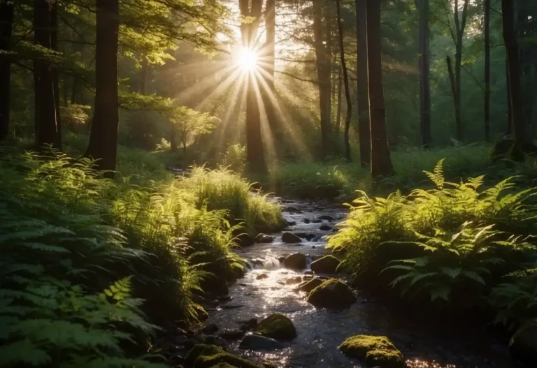 How to Be More Spiritual: Simple Daily Practices 2024 6 How to Be More Spiritual: A serene forest with sunlight filtering through the trees, casting a warm glow on the ground. A gentle stream flows peacefully, surrounded by vibrant flora and fauna, creating a sense of tranquility and connection to nature