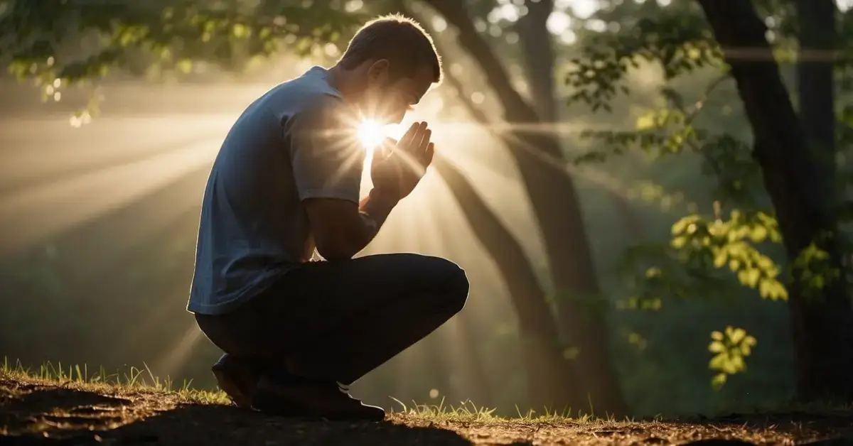 How to Get Closer to God Spiritually: A person kneeling in prayer, surrounded by nature, with a beam of light shining down from the sky, symbolizing spiritual connection to God