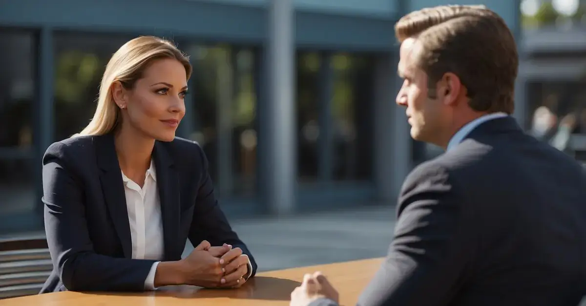 How to Mediate Conflict: Two individuals sit across from each other, engaged in a conversation. A mediator listens attentively, offering guidance and support