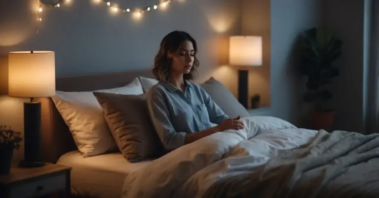 How To Meditate In Bed: Relax And Unwind Before Sleep 2024 10 How To Meditate In Bed: A serene bedroom with soft, dim lighting. A figure sits cross-legged on the bed, eyes closed in peaceful contemplation