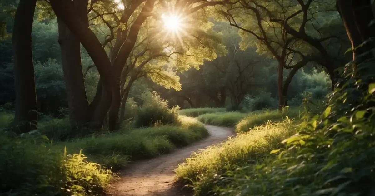 How To Start A Spiritual Journey: A serene path winds through lush, peaceful nature, leading towards a radiant, glowing light at the end
