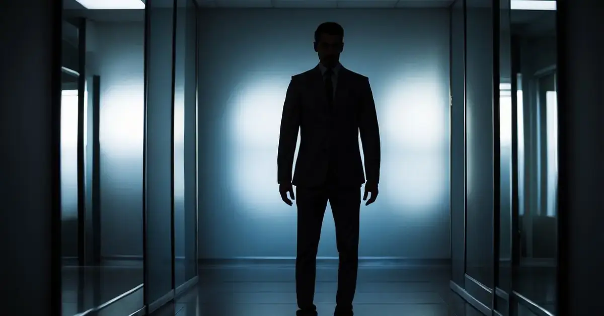 Is Shadow Work Dangerous: A dark figure stands in front of a mirror, facing their own reflection. The room is dimly lit, with shadows cast across the walls