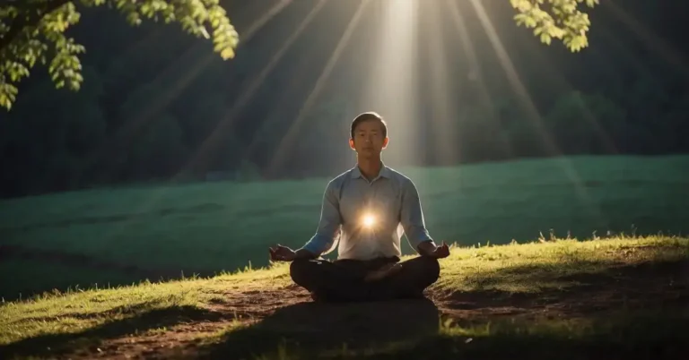 Signs Your Higher Self Is Talking To You: Messages 2024 6 Signs Your Higher Self Is Talking To You: A beam of light descends from the sky, illuminating a figure meditating in a tranquil setting. A sense of peace and clarity radiates from the scene