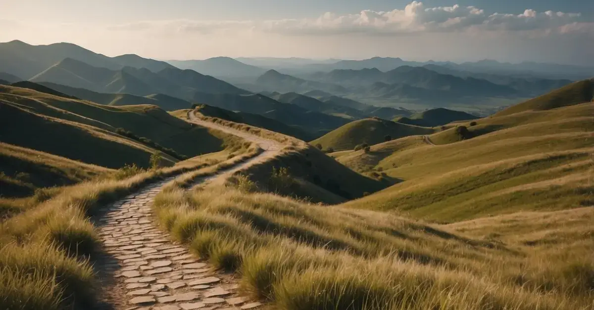 Spiritual Journey Stages: A winding path leading through serene landscapes, with various milestones representing the stages of a spiritual journey