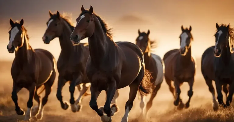Spiritual Meaning of Horses: Symbols of Freedom 2024 4 Spiritual Meaning of Horses: A herd of horses galloping freely across a vast, open plain under the golden glow of the setting sun, symbolizing strength, freedom, and grace