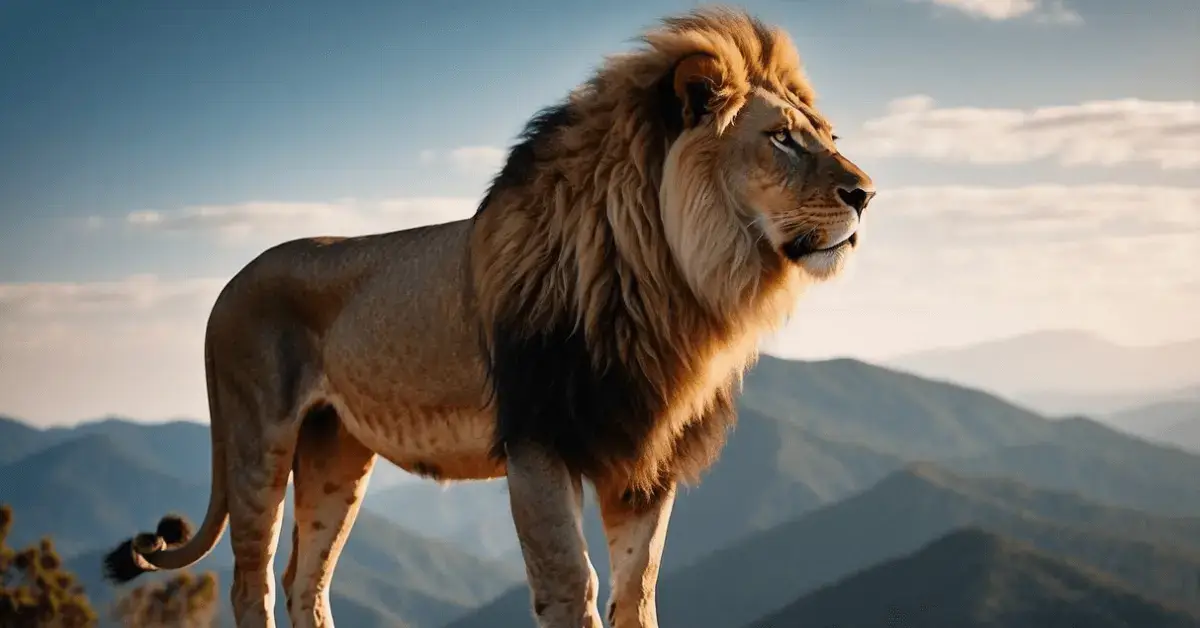 Spiritual Meaning Of Lions In Dreams: Hidden Messages 2024 1 Spiritual Meaning of Lions in Dreams: A majestic lion stands on a mountaintop, its mane flowing in the wind, symbolizing strength, courage, and leadership in dreams
