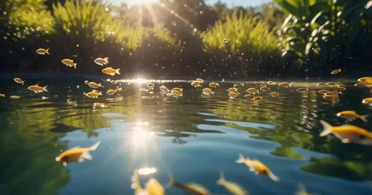 Spiritual Meaning Of Fish: Unlocking Hidden Messages 2024 1 Spiritual Meaning Of Fish: A school of fish swimming gracefully in a clear, tranquil pond, surrounded by vibrant aquatic plants and rays of sunlight filtering through the water