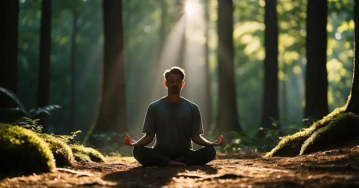 What Is Shadow Work: A serene forest with sunlight breaking through dense trees, casting dappled shadows on the ground. A figure sits in meditation, surrounded by symbols of growth and transformation
