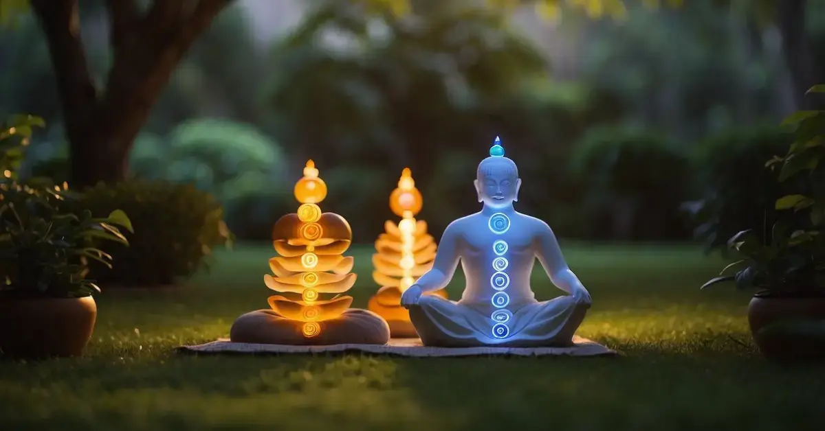 How To Align Your Chakras: Steps For Balance and Harmony 2024 1 How To Align Your Chakras: A serene garden with seven glowing orbs aligned along the spine, representing the seven chakras. A figure sits in meditation, surrounded by vibrant energy