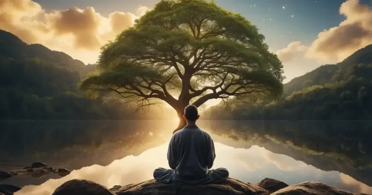 How To Connect With Your Ancestors Spiritually: Steps 2024 2 How to Connect with Your Ancestors Spiritually: A person meditates in nature, surrounded by symbols of their ancestors - a tree with roots reaching deep into the earth, a flowing river, and a clear sky filled with stars