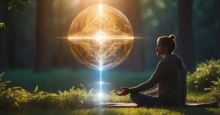 How To Develop Psychic Abilities: Boost Your Intuition 2024 5 How To Develop Psychic Abilities: A glowing orb hovers above a figure meditating in a serene, natural setting, surrounded by swirling energy and auras