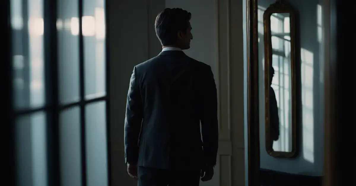 How To Do Shadow Work: A figure standing in front of a mirror, facing their own reflection, surrounded by dark shadows that they are actively working to confront and heal