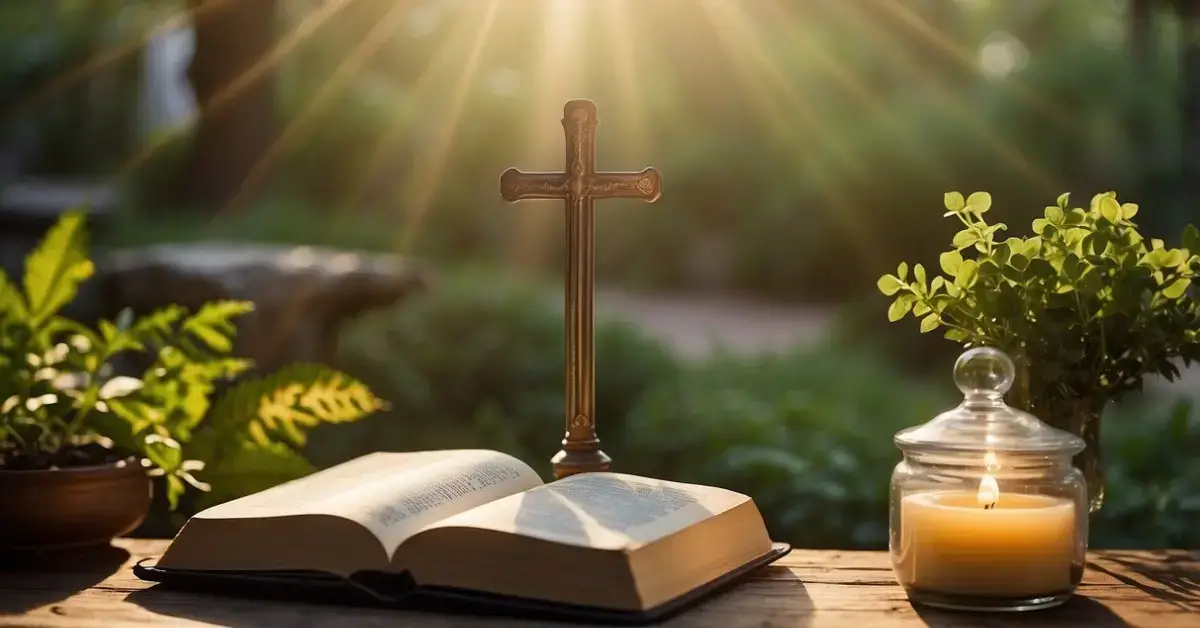 How To Meditate As A Christian: A serene garden with a cross, bible, and candle. Rays of sunlight filter through the trees, creating a peaceful atmosphere for meditation