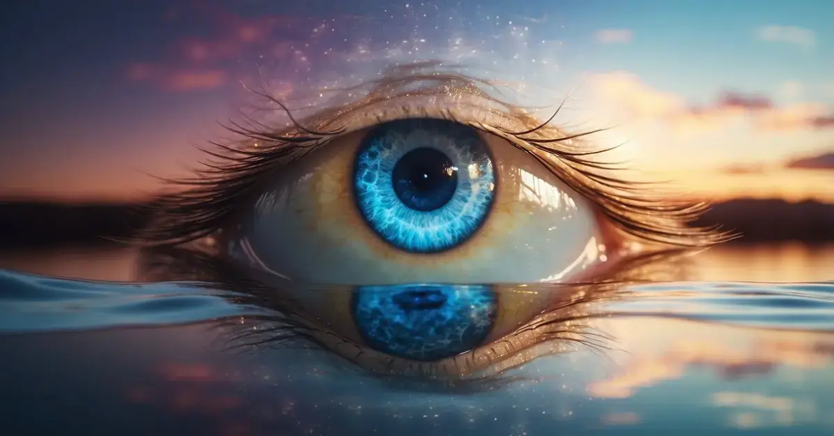 How To Open Your Third Eye: A serene landscape with a glowing, ethereal third eye floating above a calm body of water, surrounded by vibrant, swirling energy