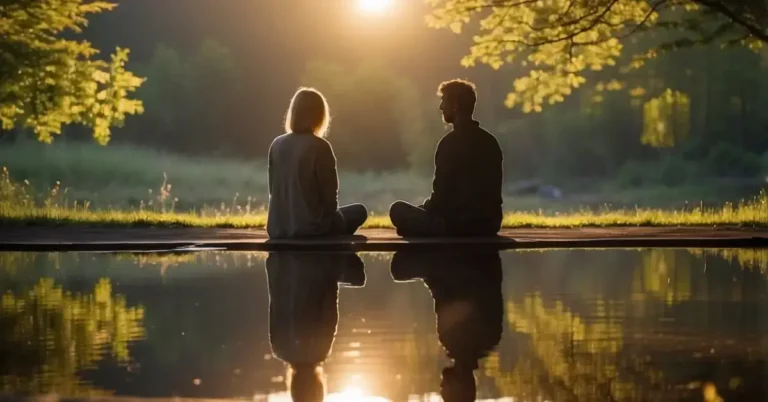 How To Start A Spiritual Journey: Tips For Beginners 2024 3 How To Start A Spiritual Journey: A figure sits in quiet reflection, surrounded by nature. The sun rises, casting warm light on the scene, symbolizing the beginning of a spiritual journey