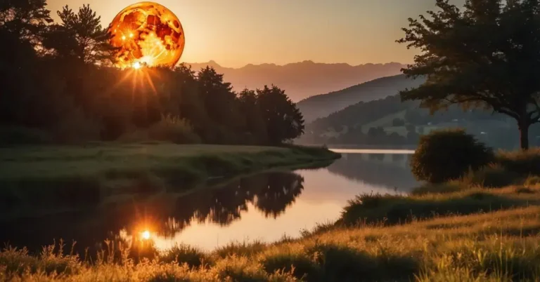 Orange Moon Spiritual Meaning: Discover Significance 2024 6 Orange Moon Spiritual Meaning: An orange moon rises over a tranquil landscape, casting a warm glow on the earth below. The serene scene evokes a sense of spiritual connection and peace