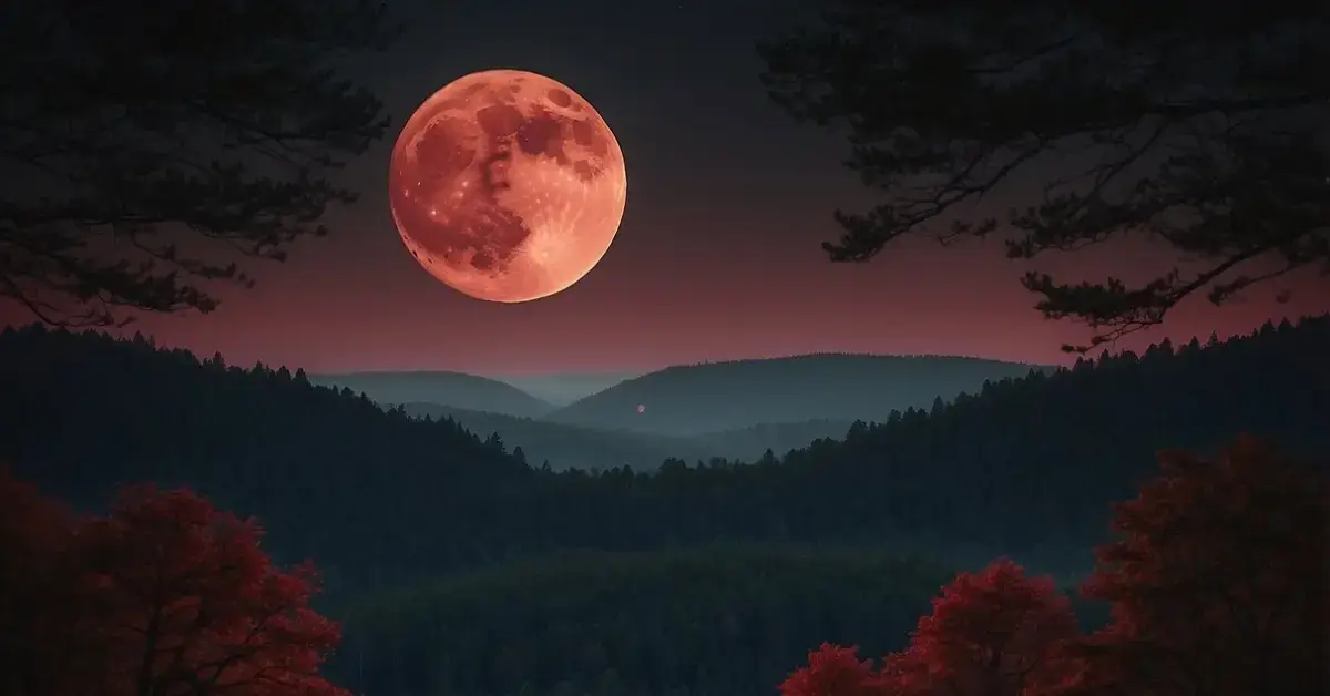 Red Moon Spiritual Meaning: A red moon hovers over a tranquil forest, casting an eerie glow on the landscape. The trees are silhouetted against the crimson sky, creating a mystical and otherworldly atmosphere