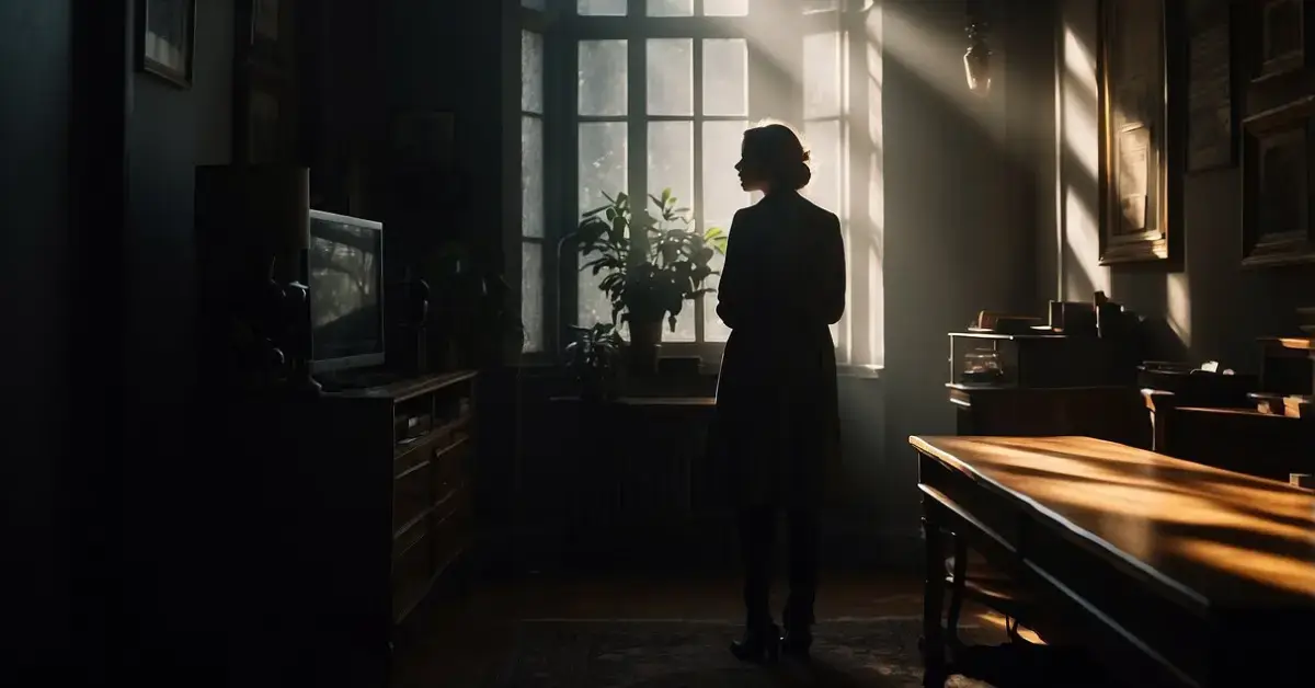 Shadow Work Questions: A dimly lit room with a single source of light casting deep shadows, creating a sense of mystery and introspection