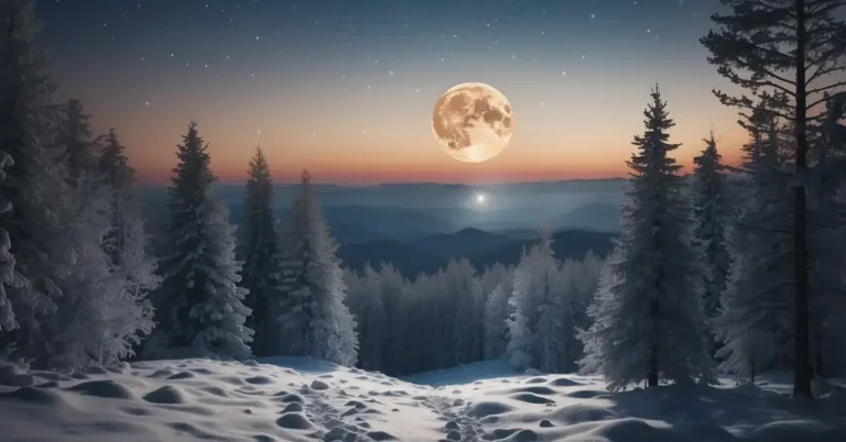 Snow Moon Spiritual Meaning: Its Mystical Significance 2024 1 Snow Moon Spiritual Meaning: A serene winter landscape with a full moon shining over a blanket of snow, evoking a sense of peace and spiritual connection