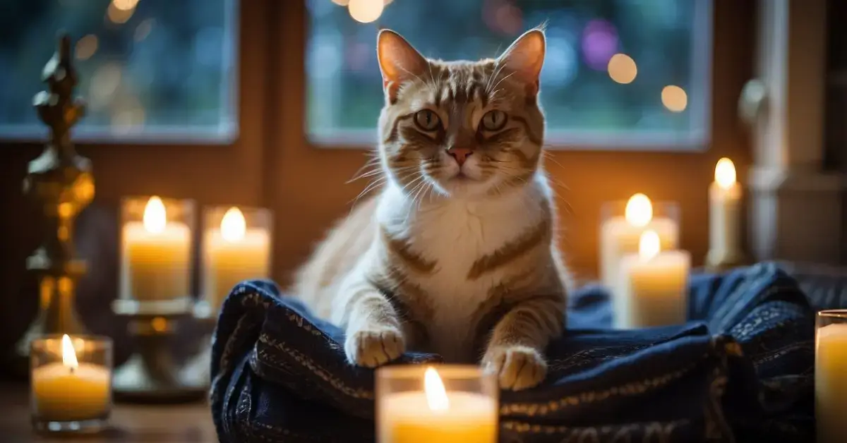 Spiritual Meaning of Cats: A cat sits peacefully in a ray of sunlight, surrounded by symbols of spirituality such as candles, crystals, and incense