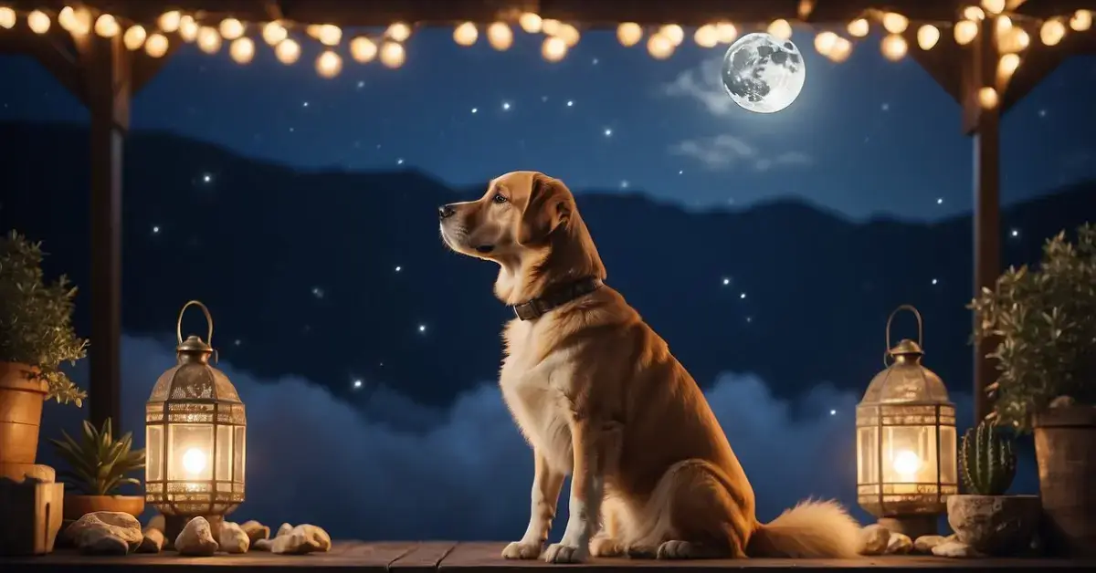Spiritual Meaning of Dogs in Dreams: A dog sits peacefully under a glowing moon, surrounded by symbols of spirituality and enlightenment