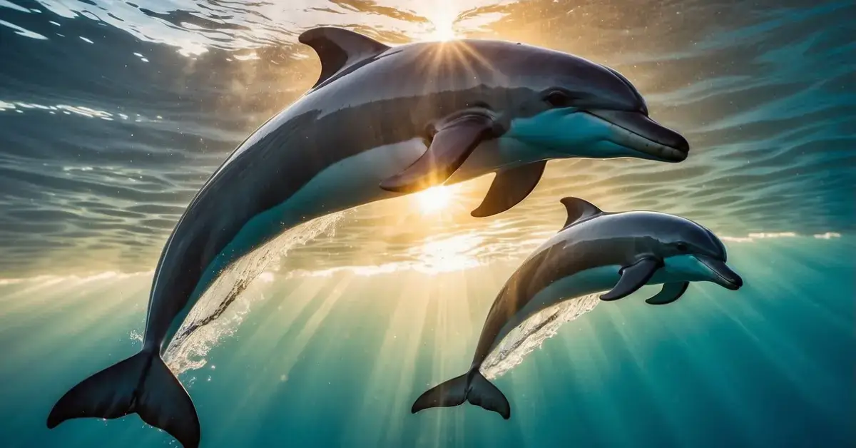 Spiritual Meaning of Dolphins: Dolphins swimming in a circle, surrounded by a glowing aura, symbolizing harmony and spiritual connection