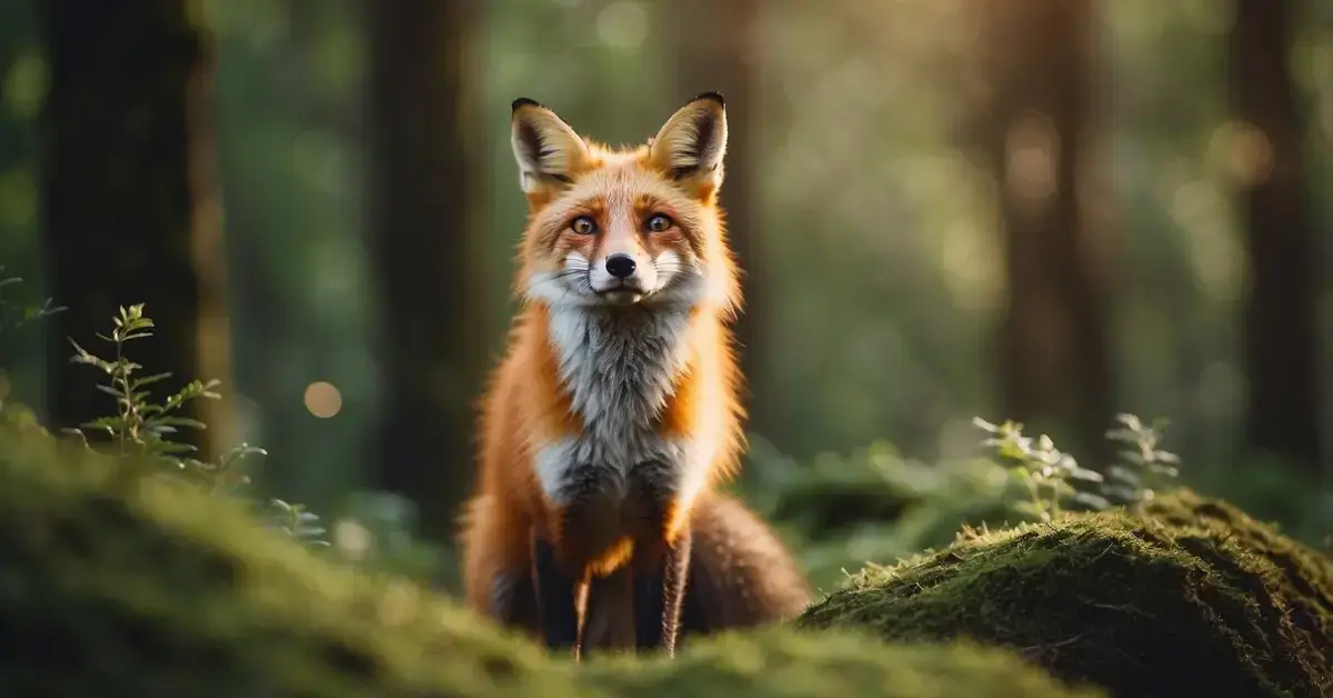 Spiritual Meaning of Fox: A fox standing in a peaceful forest, surrounded by vibrant greenery and soft sunlight, with a sense of wisdom and mystery emanating from its eyes