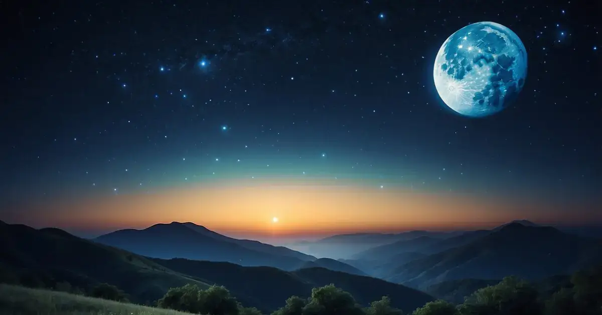 Super Blue Moon Spiritual Meaning: Mystical Energies 2024 1 Super Blue Moon Spiritual Meaning: A serene night sky with a large, glowing blue moon surrounded by twinkling stars, evoking a sense of wonder and spiritual significance